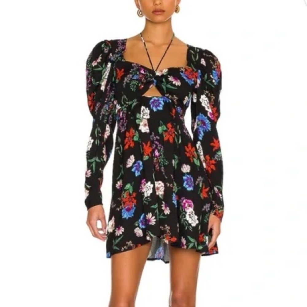 AFRM Black Floral Long-Sleeve Puff Mini Dress